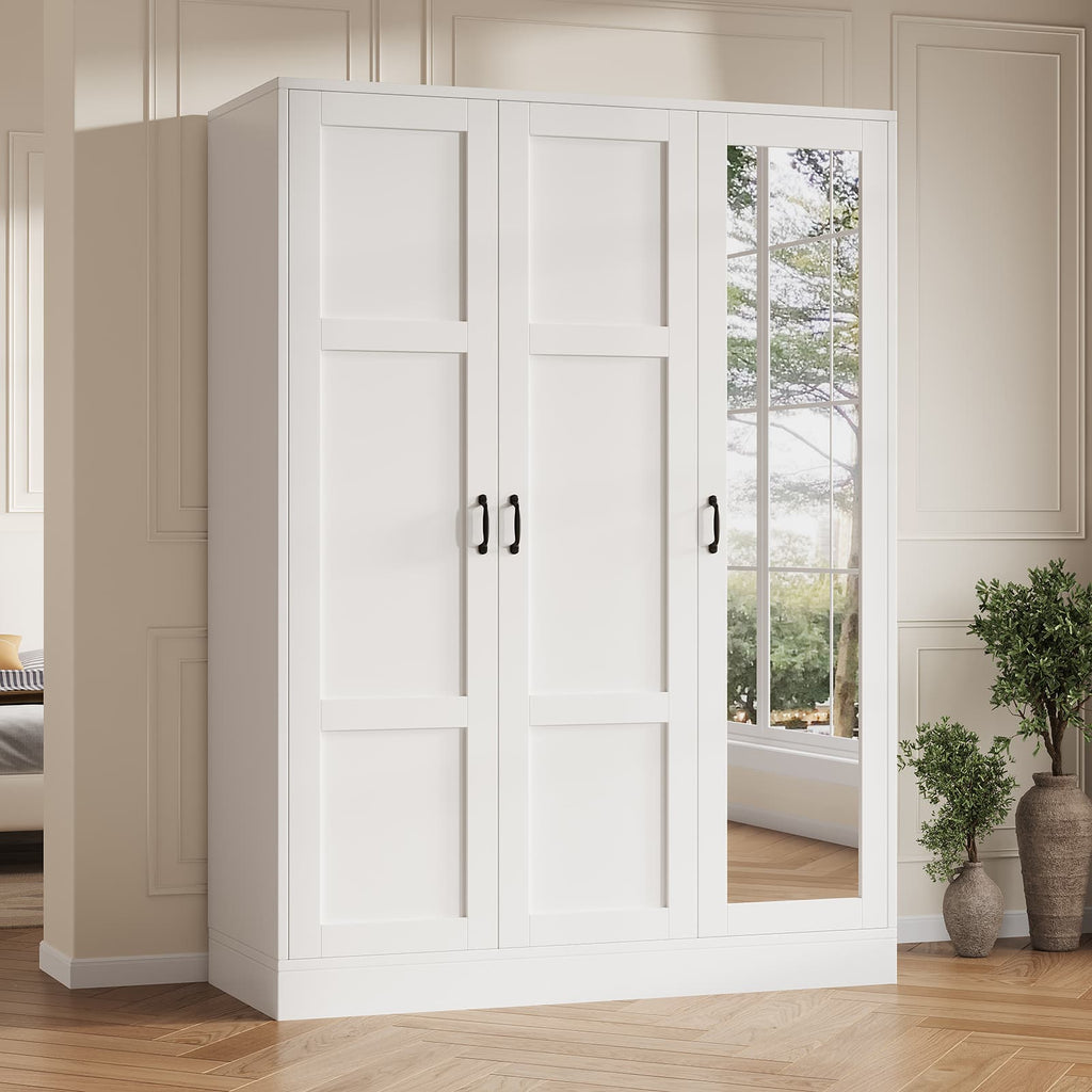 Yanosaku YG002 Modern 3 - Door Wardrobe Armoire with Mirror, Large Closet with Shelves & Hanging Rod, White - YanosakuFurniture