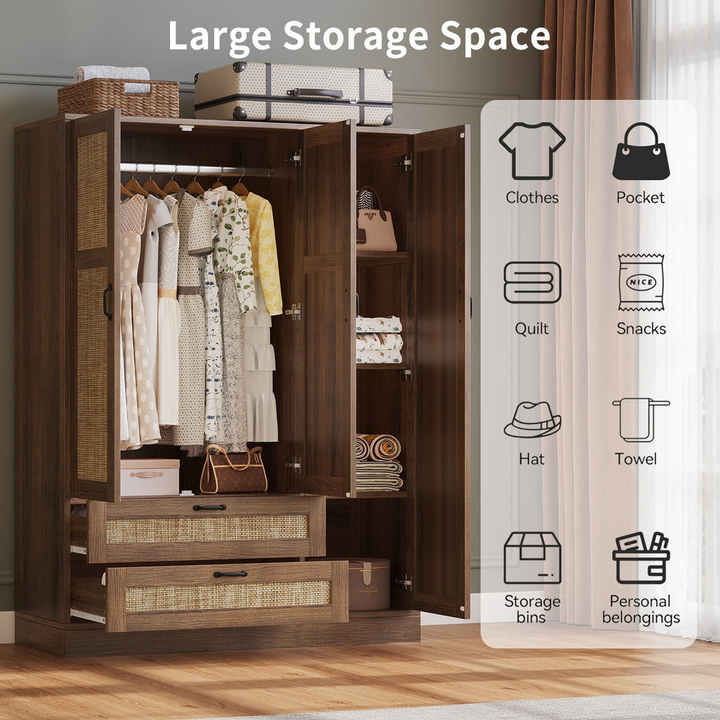 Yanosaku YG003 Rattan 3 - Door Armoire Wardrobe Closet with Full - Length Mirror, Drawers & Hanging Rod for Bedroom - YanosakuFurniture