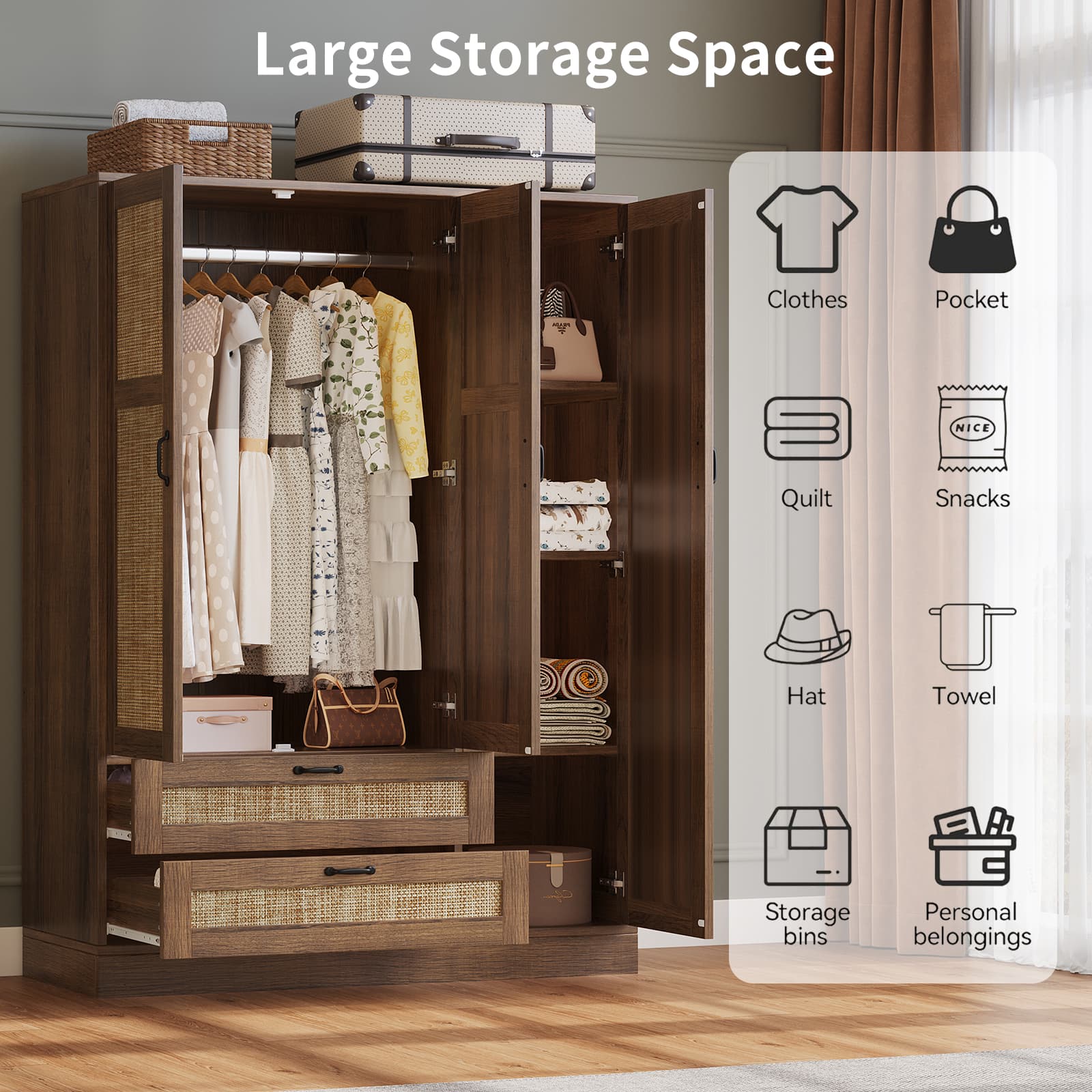 Yanosaku YG003 Rattan 3 - Door Armoire Wardrobe Closet with Full - Length Mirror, Drawers & Hanging Rod for Bedroom - YanosakuFurniture