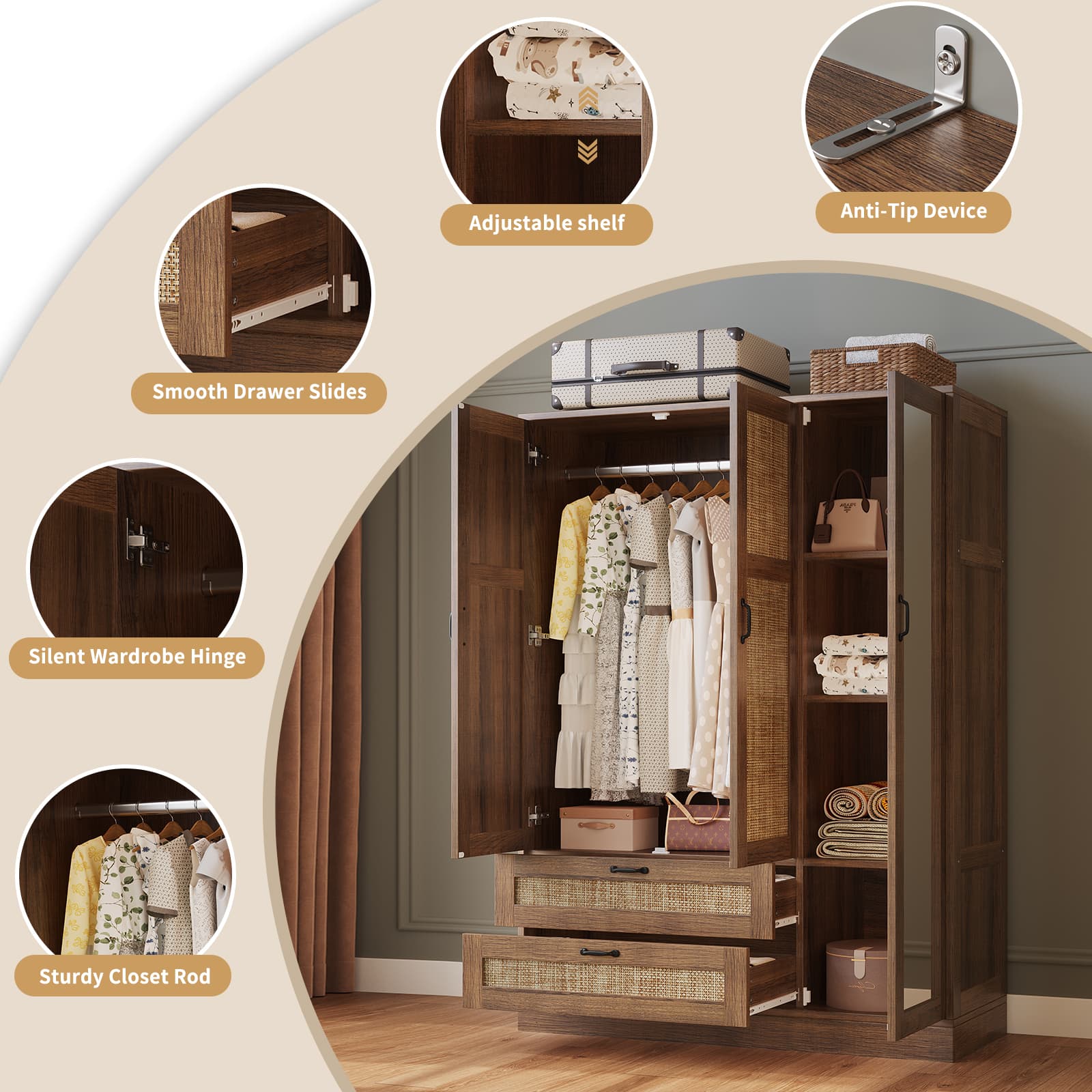 Yanosaku YG003 Rattan 3 - Door Armoire Wardrobe Closet with Full - Length Mirror, Drawers & Hanging Rod for Bedroom - YanosakuFurniture