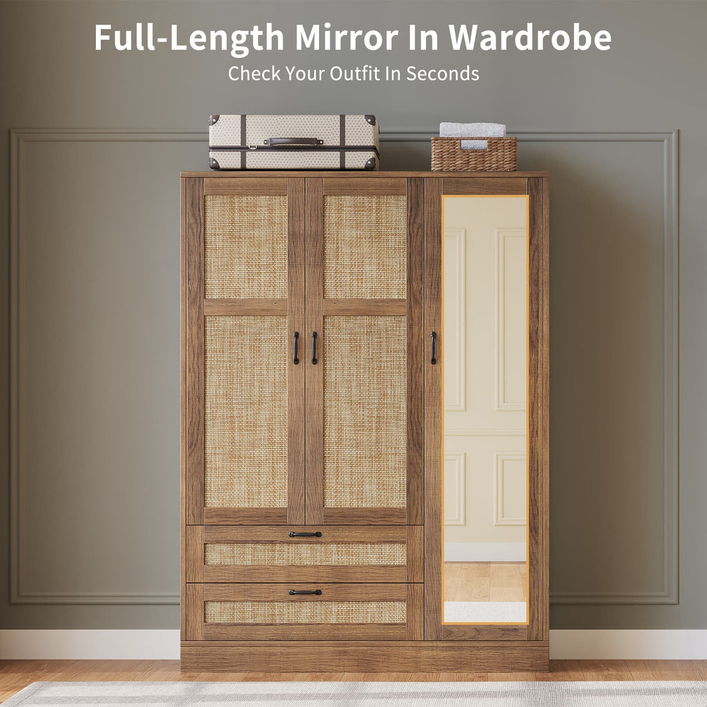 Yanosaku YG003 Rattan 3 - Door Armoire Wardrobe Closet with Full - Length Mirror, Drawers & Hanging Rod for Bedroom - YanosakuFurniture