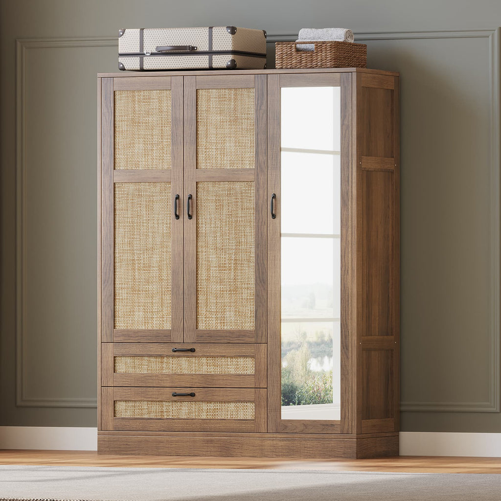 Yanosaku YG003 Rattan 3 - Door Armoire Wardrobe Closet with Full - Length Mirror, Drawers & Hanging Rod for Bedroom - YanosakuFurniture