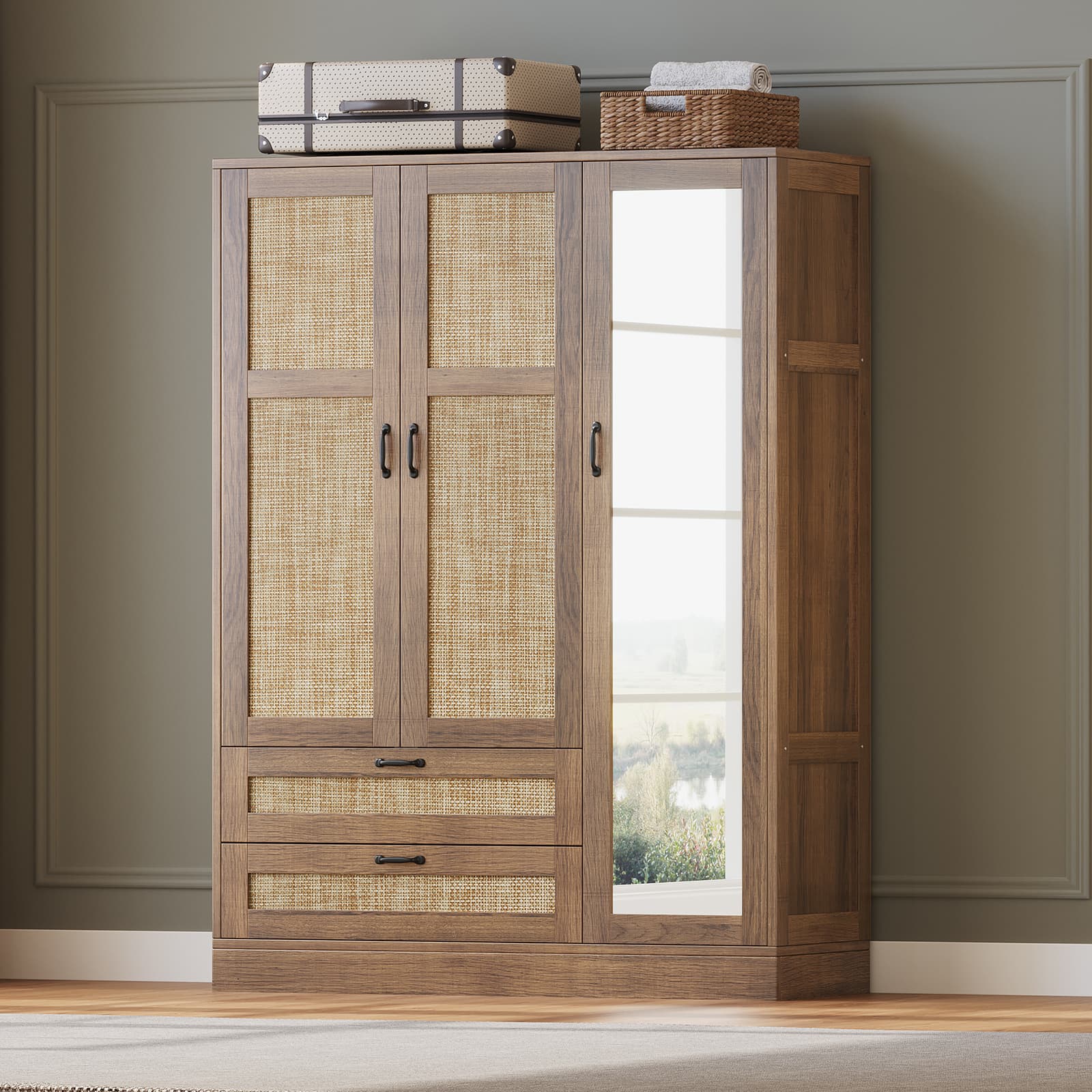 Yanosaku YG003 Rattan 3 - Door Armoire Wardrobe Closet with Full - Length Mirror, Drawers & Hanging Rod for Bedroom - YanosakuFurniture