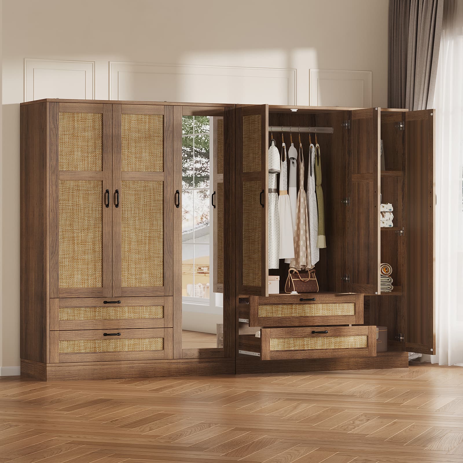 Yanosaku YG003 Rattan 3 - Door Armoire Wardrobe Closet with Full - Length Mirror, Drawers & Hanging Rod for Bedroom - YanosakuFurniture