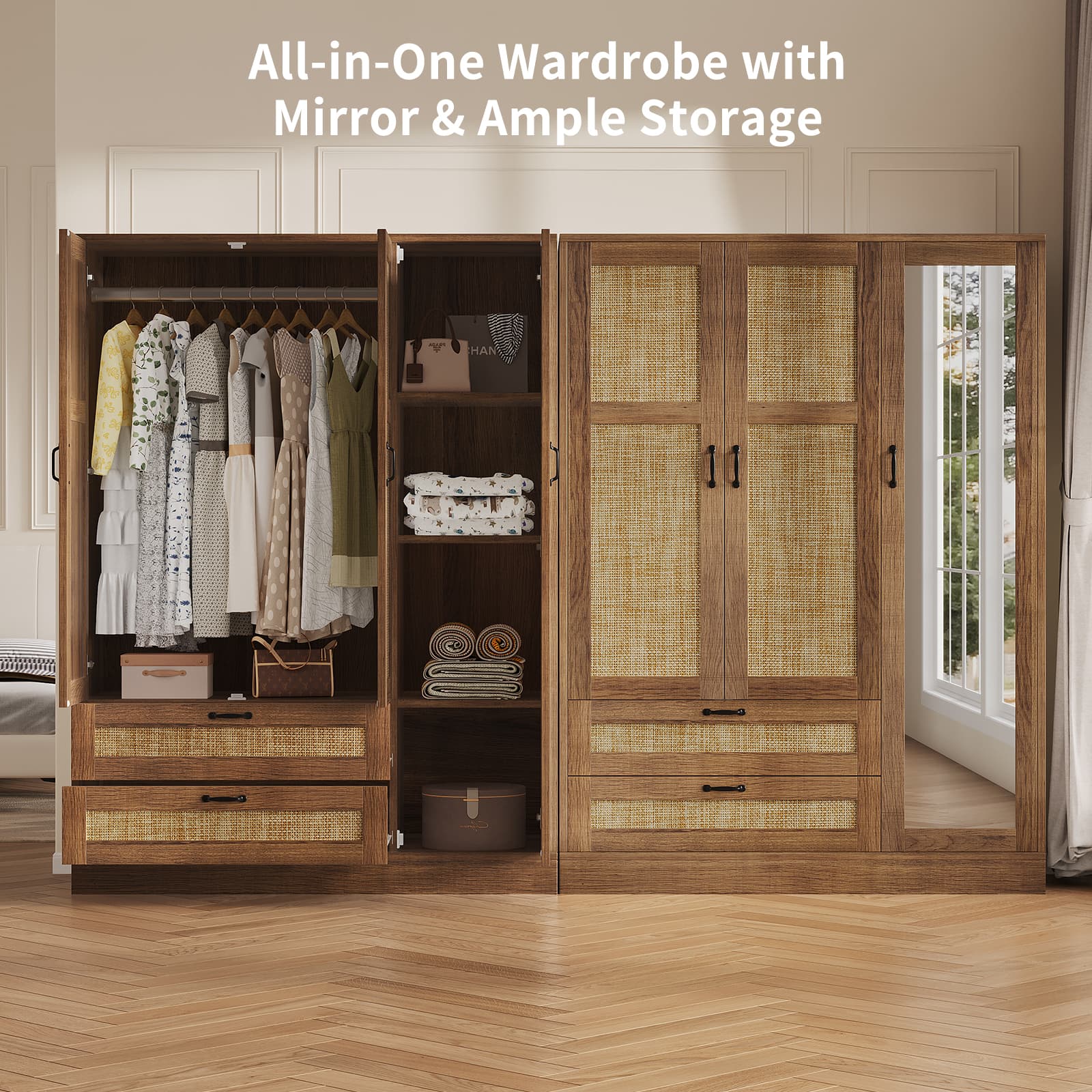 Yanosaku YG003 Rattan 3 - Door Armoire Wardrobe Closet with Full - Length Mirror, Drawers & Hanging Rod for Bedroom - YanosakuFurniture