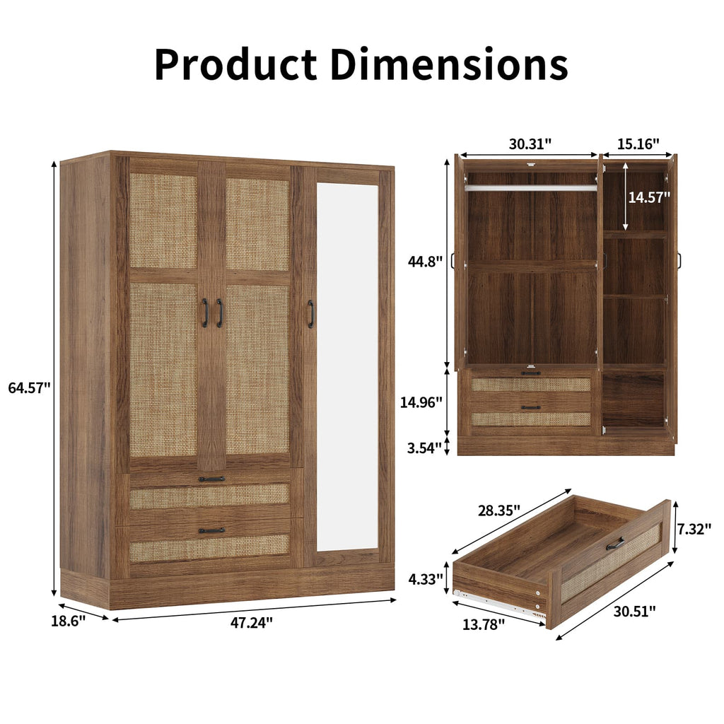 Yanosaku YG003 Rattan 3 - Door Armoire Wardrobe Closet with Full - Length Mirror, Drawers & Hanging Rod for Bedroom - YanosakuFurniture