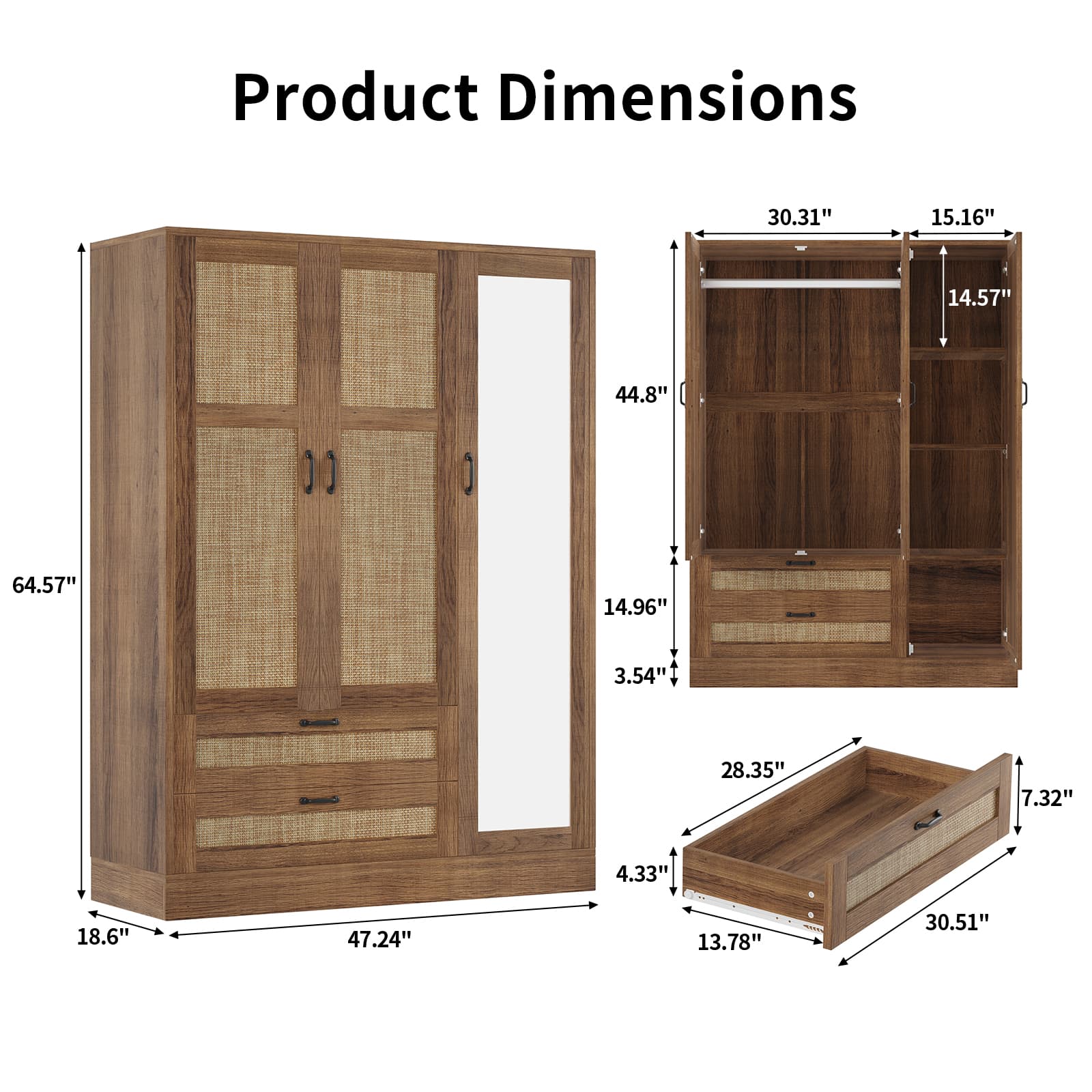 Yanosaku YG003 Rattan 3 - Door Armoire Wardrobe Closet with Full - Length Mirror, Drawers & Hanging Rod for Bedroom - YanosakuFurniture