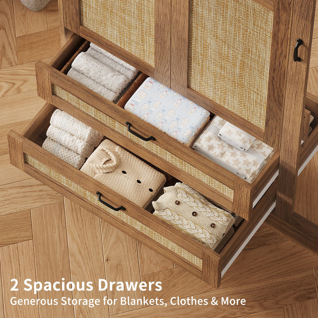 Yanosaku YG003 Rattan 3 - Door Armoire Wardrobe Closet with Full - Length Mirror, Drawers & Hanging Rod for Bedroom - YanosakuFurniture