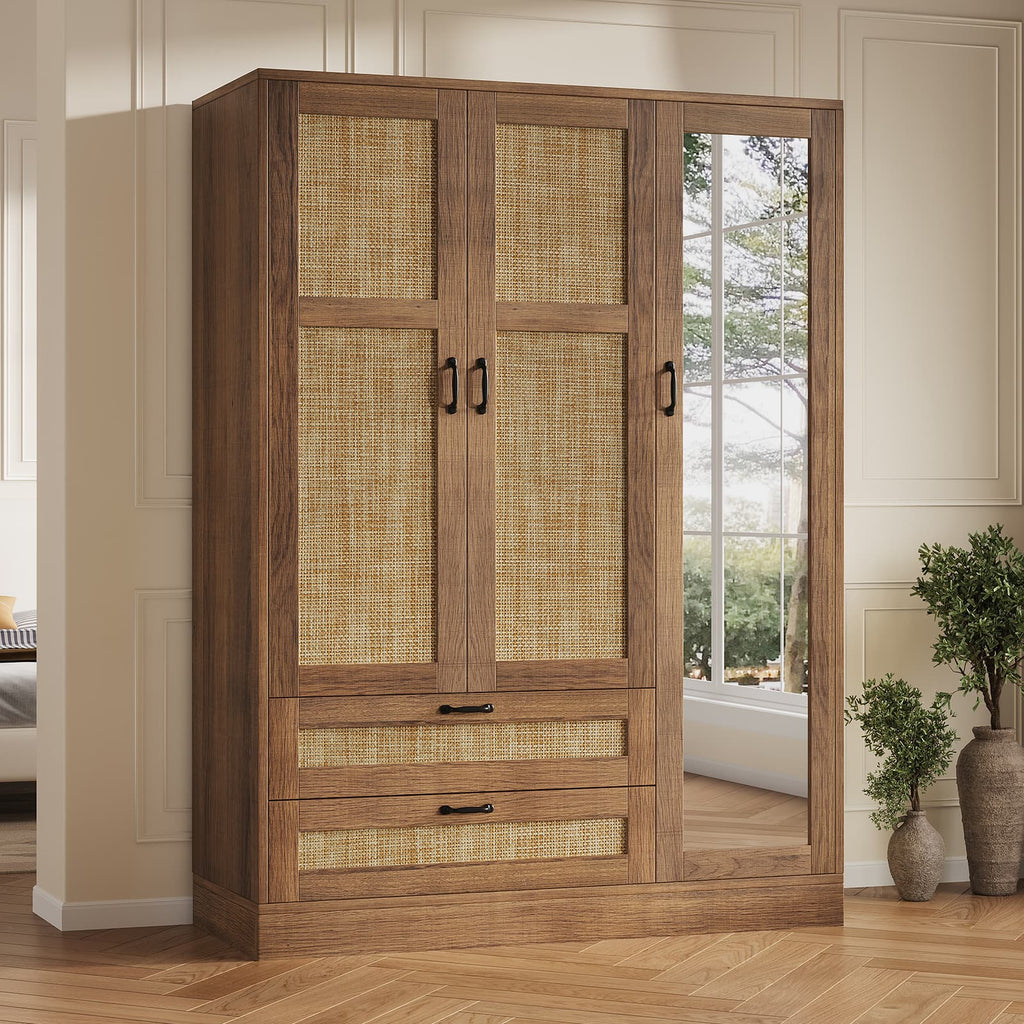 Yanosaku YG003 Rattan 3 - Door Armoire Wardrobe Closet with Full - Length Mirror, Drawers & Hanging Rod for Bedroom - YanosakuFurniture